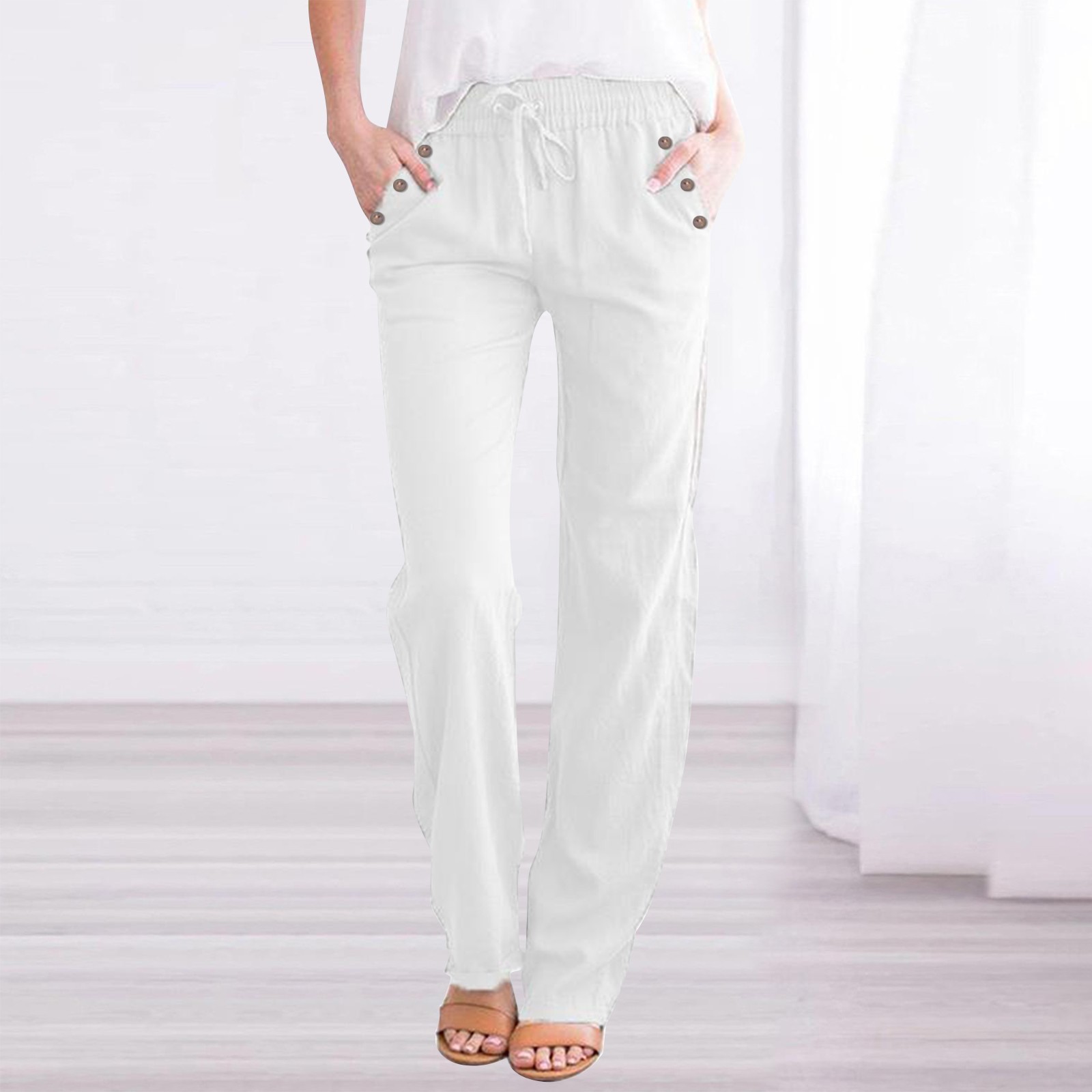 thumbnail image 2 of Pantalones elásticos de pierna recta para mujer - Cintura con cordón de algodón - Casual de cintura alta - Terciopelo dorado - Tallas S-XXL - Todas las estaciones, 2 of 5